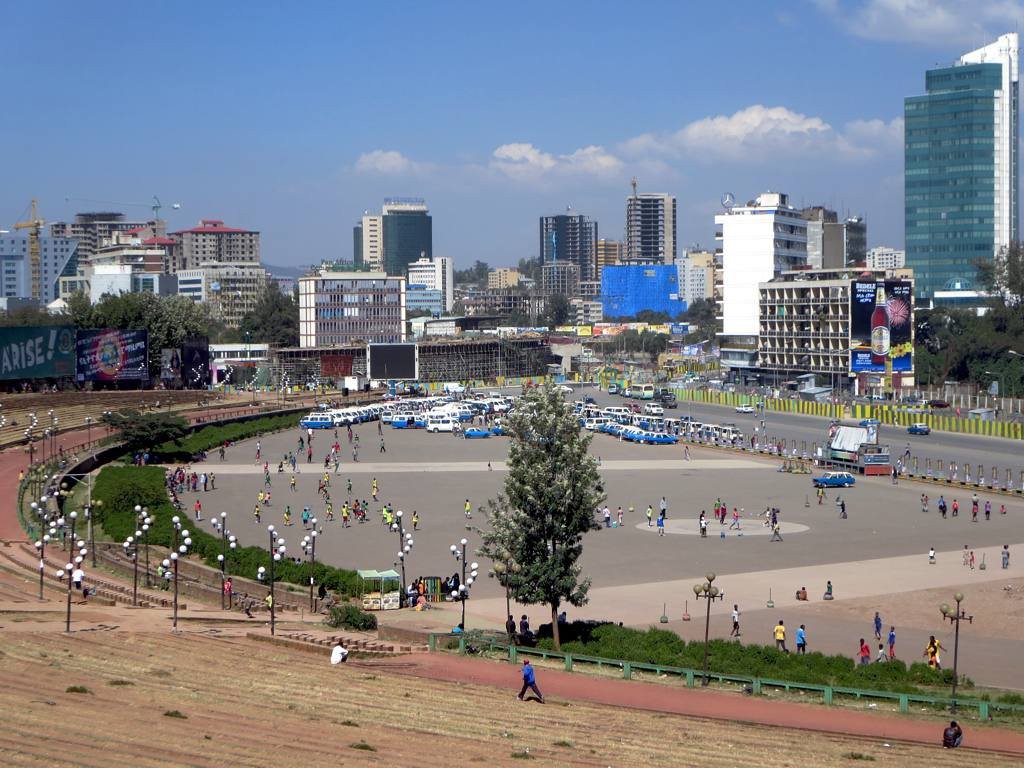 Addis Ababa’s skyline provides a backdrop for Meskal Square, site of military parades and rallies during the Communist era which ended in 1991.